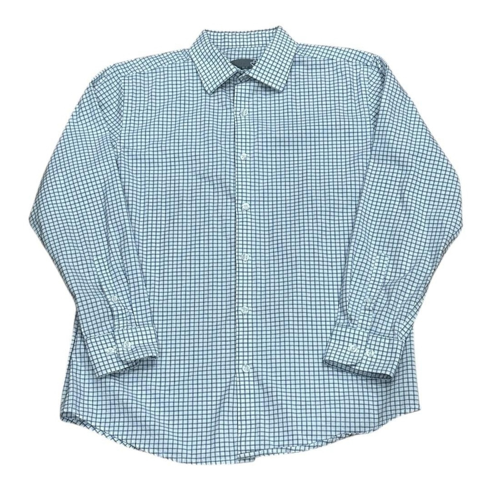 Sears Shirt Mens Medium Blue Check Plaid Long Sleeve Button Up Slim Fit Stretch